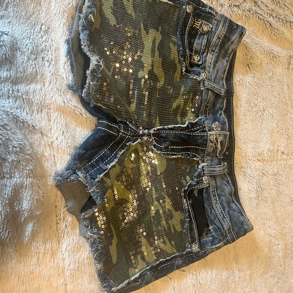 Miss Me Green and Blue Jean Shorts Distressed Cut-Off